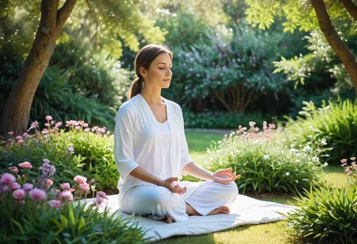 A serene and inviting scene showcasing an INFP individual meditating amidst a lush garden, surrounded by vibrant flowers and gentle sunlight filtering through the trees. Incorporate elements symbolizing holistic wellness, such as essential oils, herbal teas, and soft crystals nearby. A soft focus on the background to emphasize tranquility and healing, embodying both research and recovery in oncology. watercolor painting. soft pastel colors.