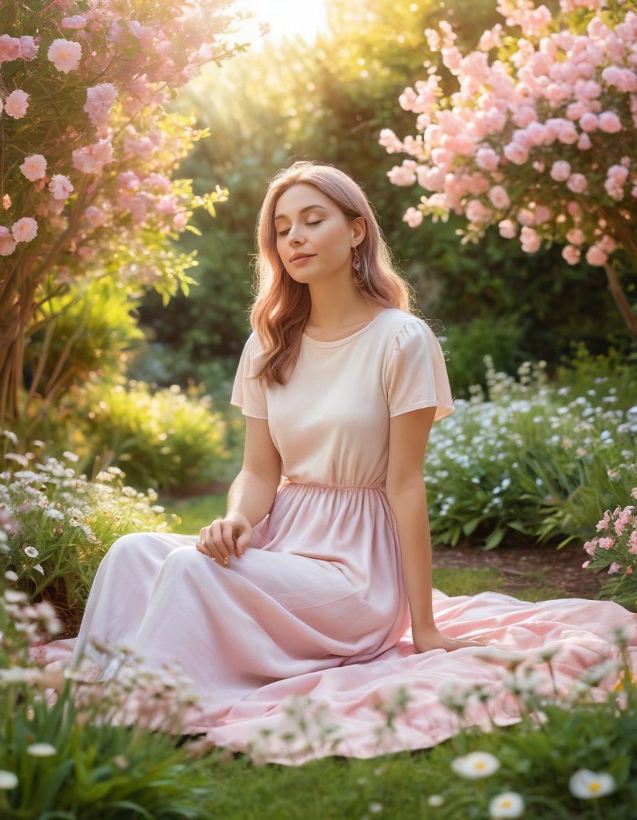 A serene scene depicting an INFP person surrounded by a warm, glowing aura, sitting in a tranquil garden filled with blooming flowers symbolizing hope and healing. Include supportive figures like friends or family in the background, offering comfort and encouragement. Soft, pastel colors to evoke emotion and tranquility. Illustrate elements of nature, like gentle sunlight and rustling leaves, to enhance the theme of emotional support. super-realistic. soft pastels. peaceful atmosphere.