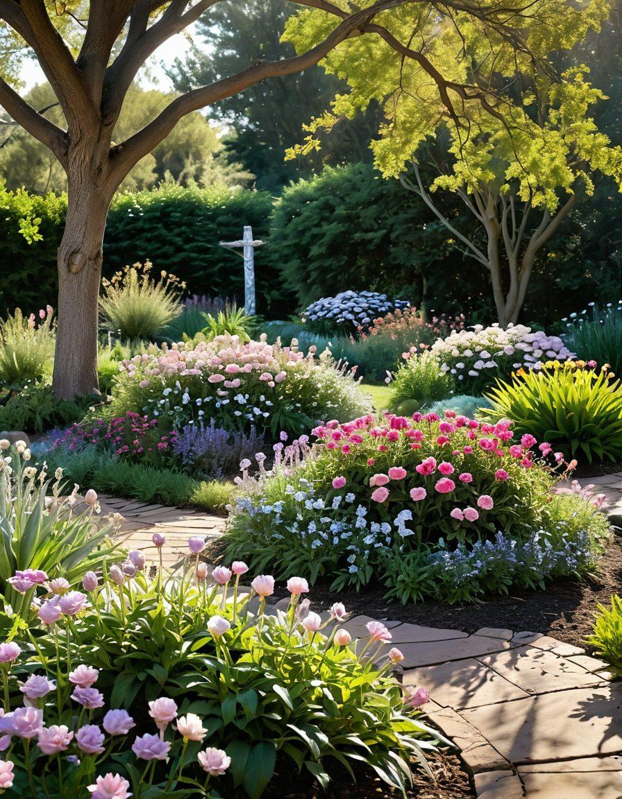 A serene landscape featuring a blooming garden filled with vibrant flowers, symbolizing hope and resilience, with soft sunlight filtering through the trees. Inhabitants of the INFP community depicted as diverse individuals engaging in wellness activities, such as meditation and yoga, with gentle smiles on their faces. The background should convey a sense of calm, with subtle hints of cancer awareness ribbons incorporated artistically throughout the garden. soft pastel colors. peaceful ambiance.